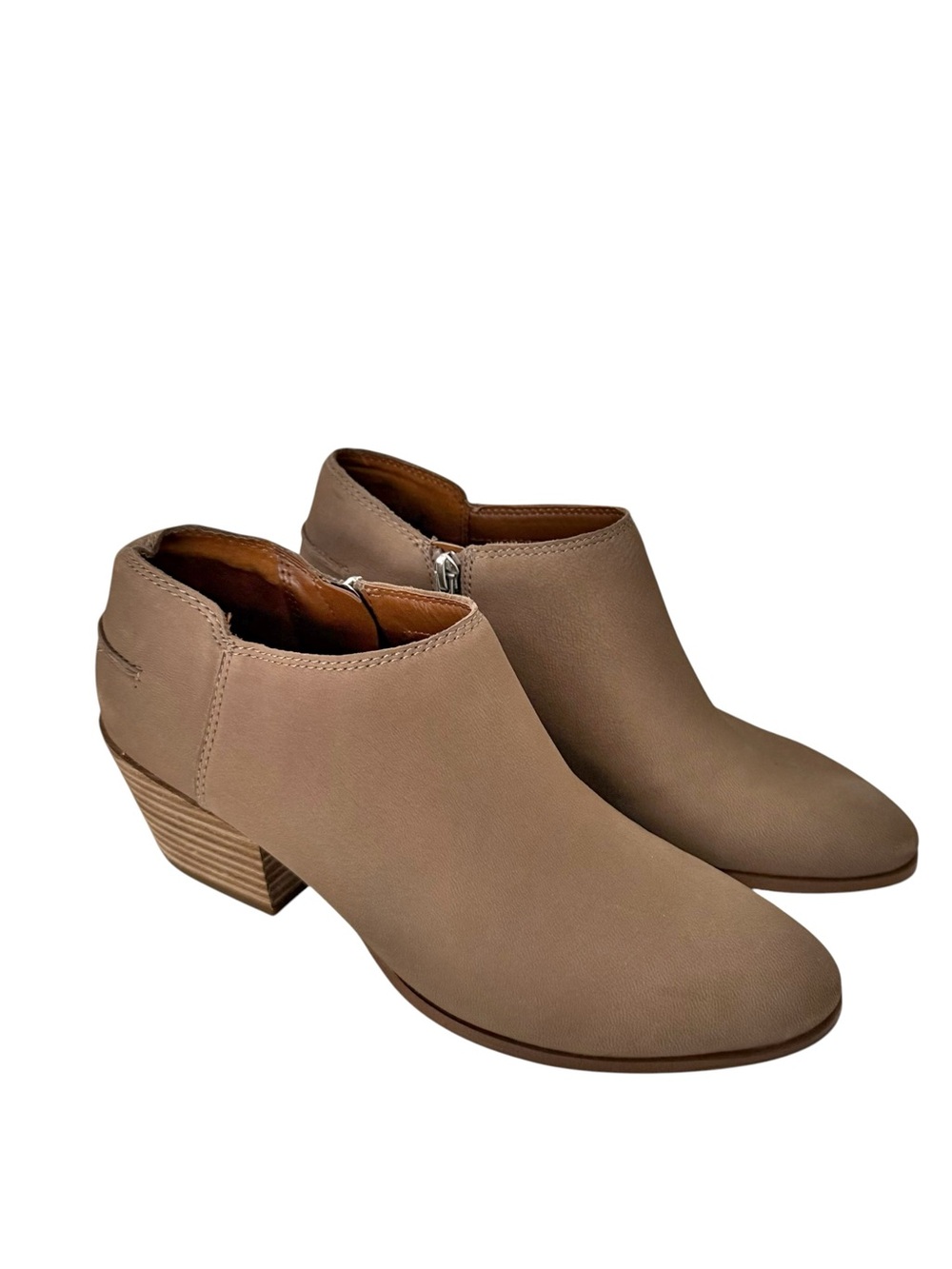 Franco Sarto Leather Side Zipper Ankle Booties Low Stacked Heel Tan Taupe